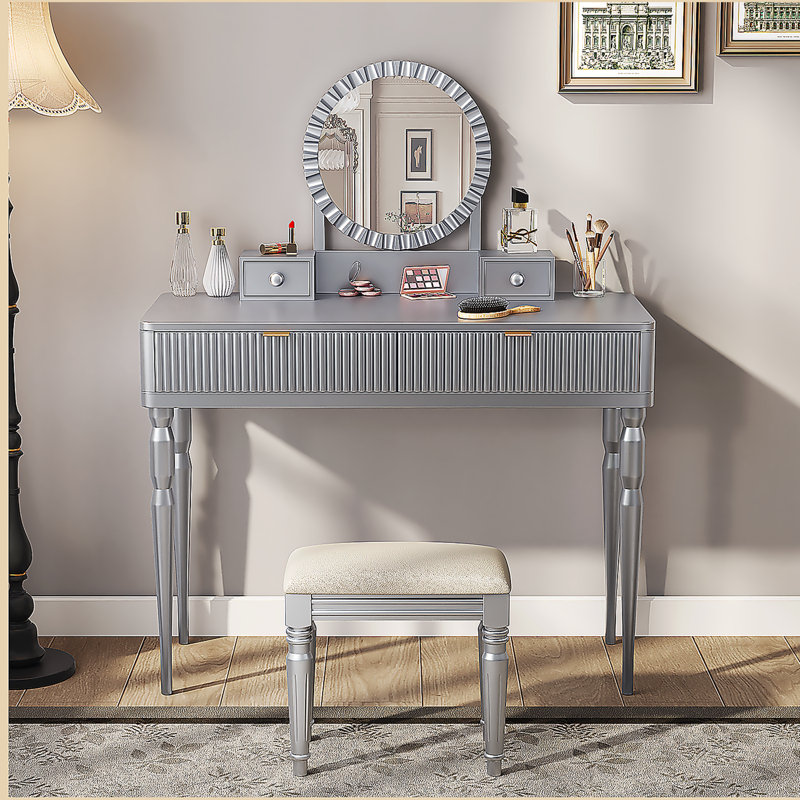Luxury Vanity Desk with Round Mirror,Height-Adjustable, Stylish Dressing Table Set, 4 Drawers & Stool, Silver, Silver