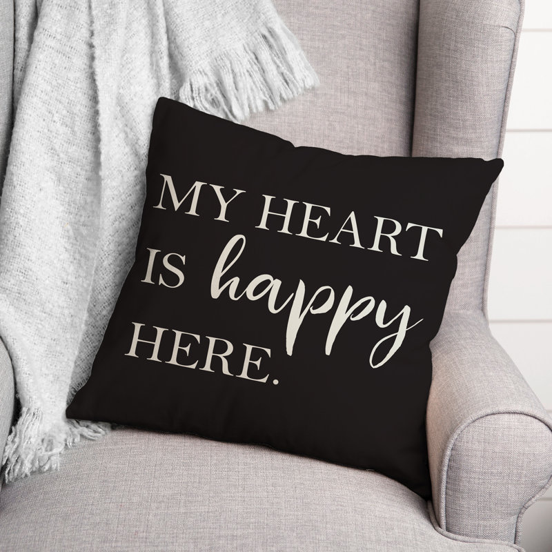 Housse de coussin carrée d’extérieur Heart is happy here/insert, Noir