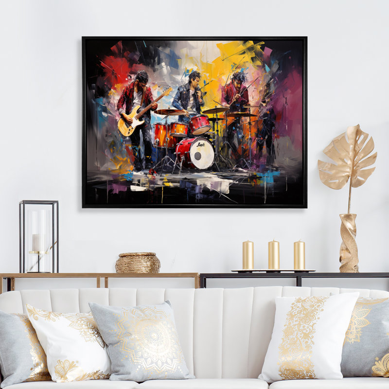 Rock Band In Action III sur toile, H 30 po x l 40 po x P 1,5 po, Cadre flottant noir