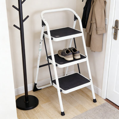 3 Step Ladder With Handgrip, Foldable Steel Step Stool With Anti-Slip Platform And Safety Lock, Lightweight Portable Ladder For Home, Office, Garage, 340 Lb Capacity
