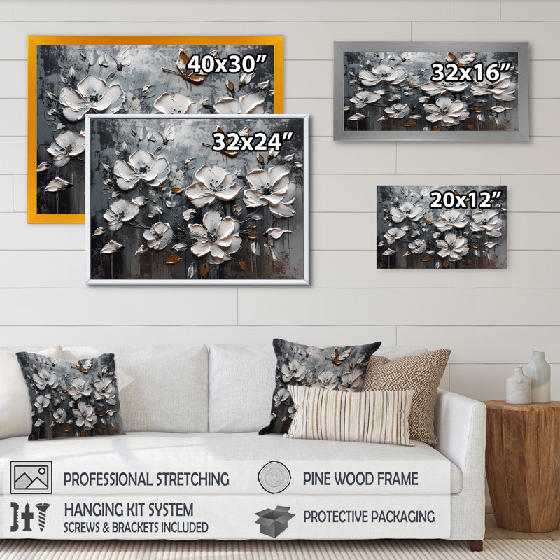 Ryner Golden White Butterfly Wings And Flowers IV sur toile, H 24 po x l 32 po x P 1 po, Cadre photo noir