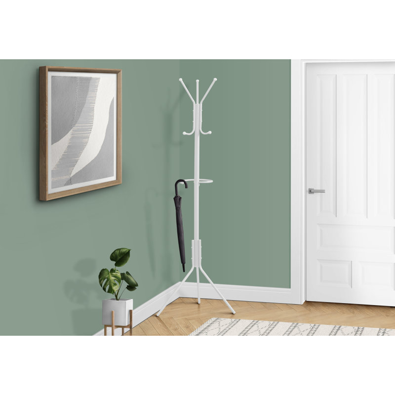 Coat Rack, Hall Tree, Free Standing, Hanging Bar, 6 Hooks, Entryway,  Metal, Contemporary,, White