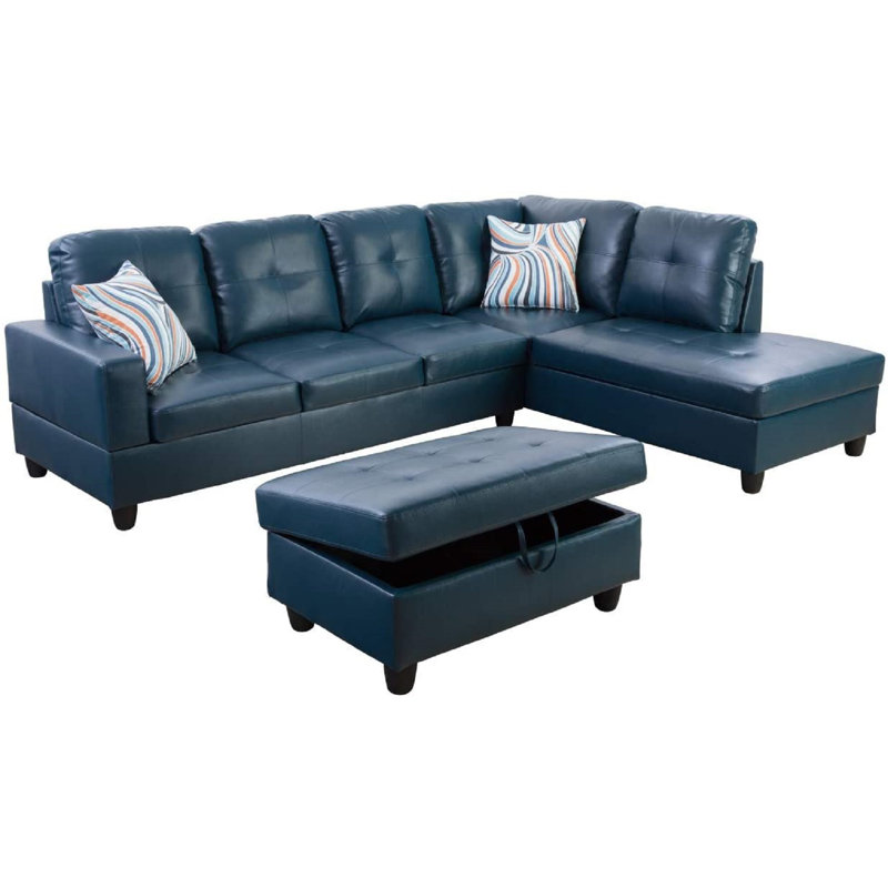  Canapé modulaire en similicuir 3 pièces avec repose-pieds, Accoudoir à droite (vu de face), Simili cuir blanc