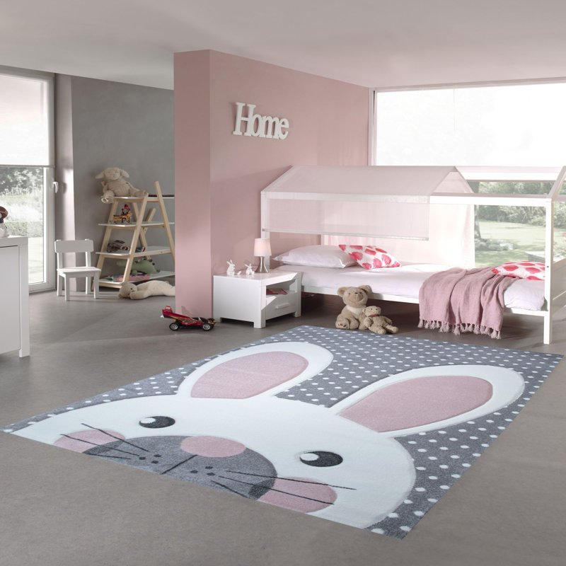 Hornell Bunny Machine Woven Grey/Pink Rug, Round 120cm