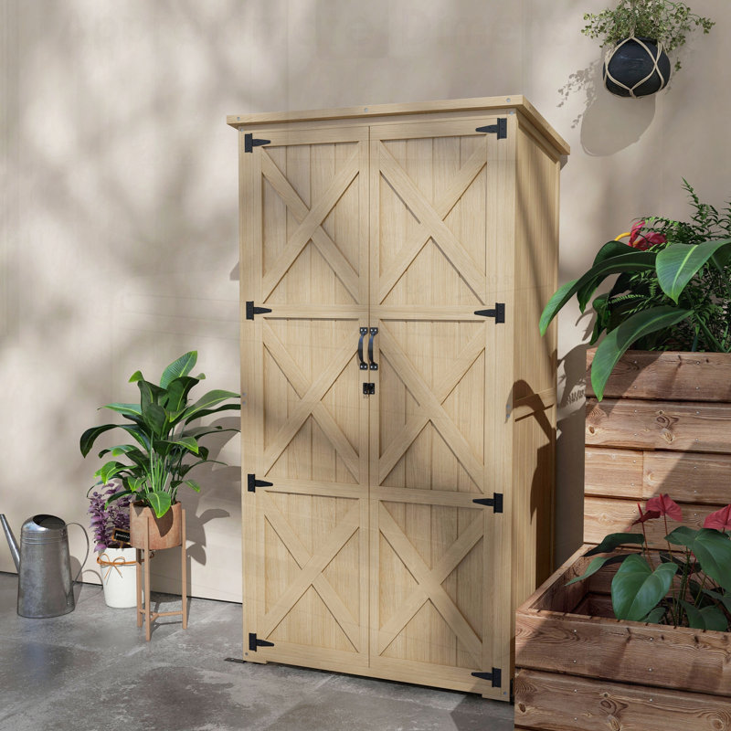 Abri de jardin en bois Outsunny, toit imperméable, rangement pour outils étroit avec tablettes et portes verrouillables