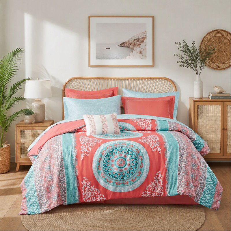 Ensemble d'édredon, Boho avec draps - Simple, Twin Comforter + 6 Additional Pieces, Coral Moroccan