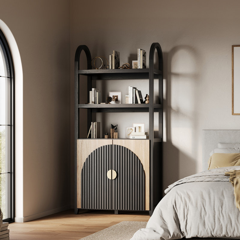 3 Tier Book Shelf 72" Tall Arched Bookcase With Storage, Camel