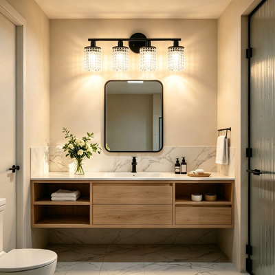 Applique murale en cristal à 4 lumières pour salle de bain, luminaire décoratif moderne en cristal avec finition noire mate et culot E12, idéale au-dessus d'un miroir, dans une salle d'eau ou un dressing.