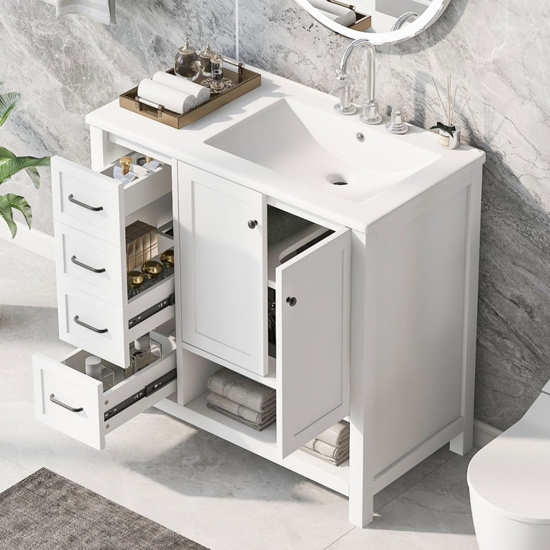 Spacious 36" Solid Wood Vanity With Ceramic Sink, Modern Design