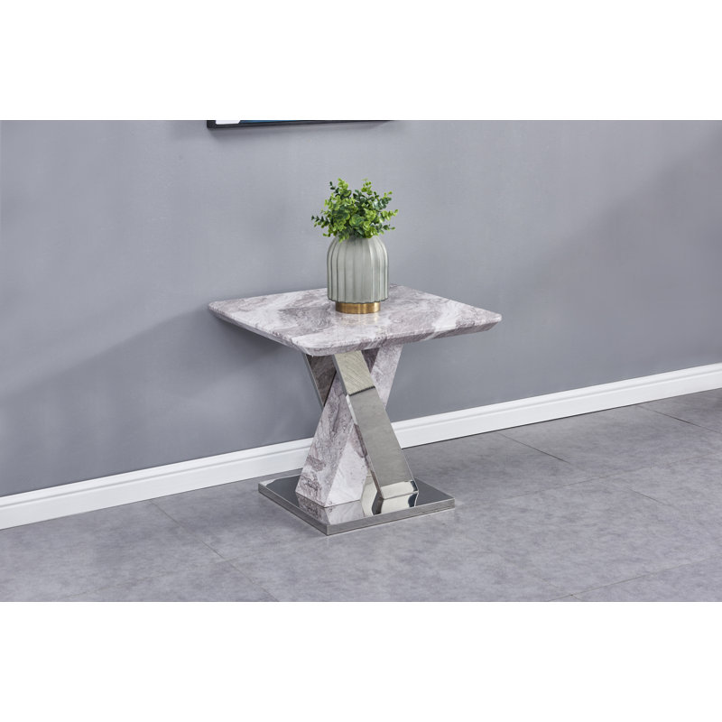 Table de bout à piédestal en marbre Amahri, Gris / marbre blanc / argent