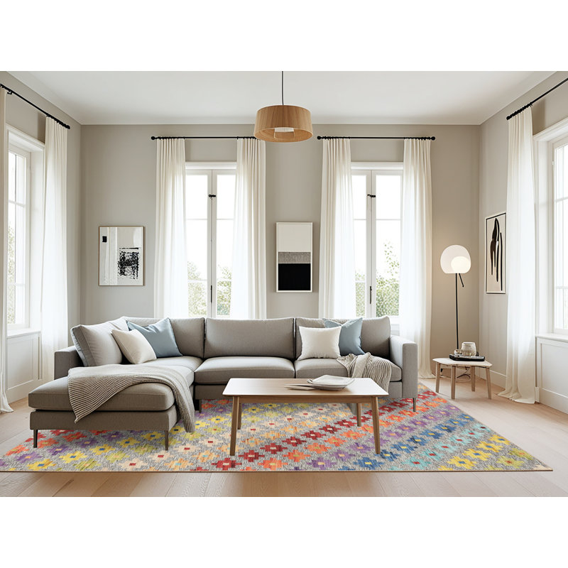 Contemporary Red/Olive/Sky Blue Area Rug, Rectangle 8' x 10'