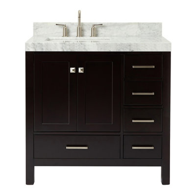 Meuble-lavabo simple Cambridge 36 po en bois massif couleur espresso, avec comptoir en marbre de Carrare de 2 po, décalé à gauche, lavabo rectangulaire