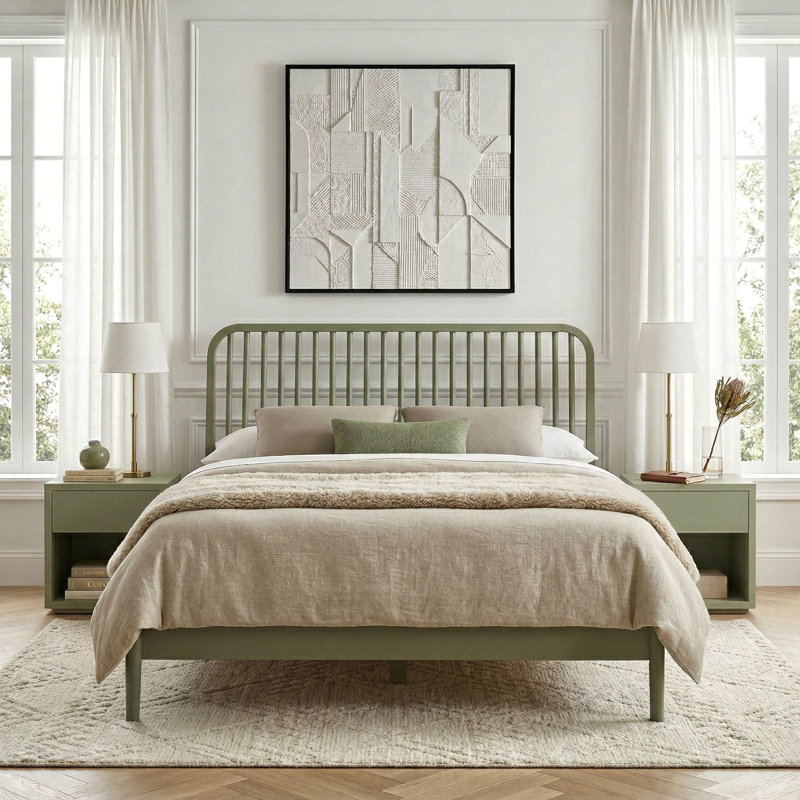Kentwood Solid Wood Double Bed, Kale Green