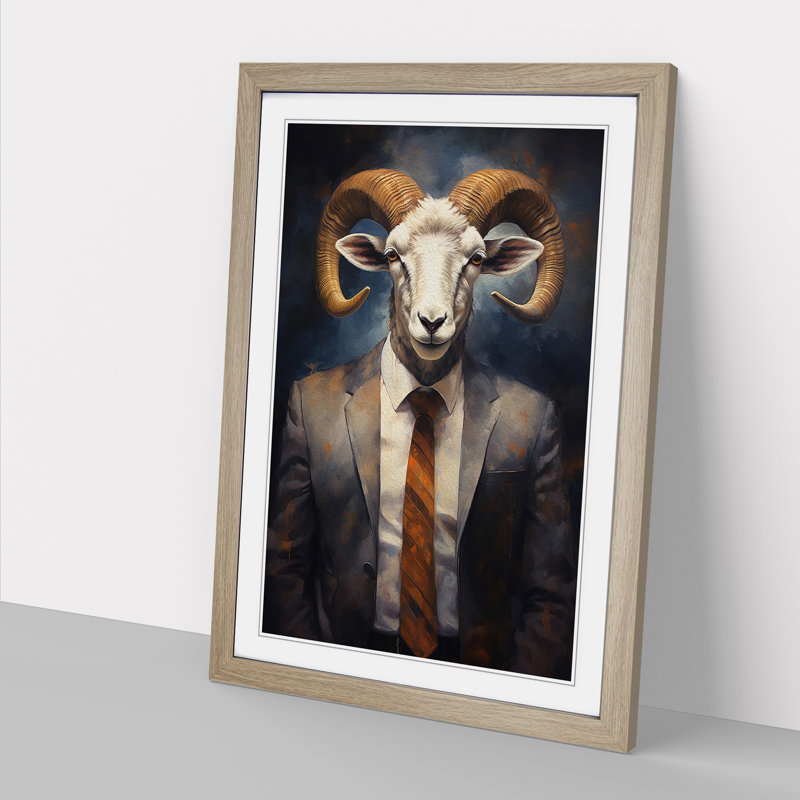 Ram Sheep In A Suit Painting No.6 - Single Picture Frame Print on Wood, 34cm H x 25cm W x 2cm D, Oak Framed