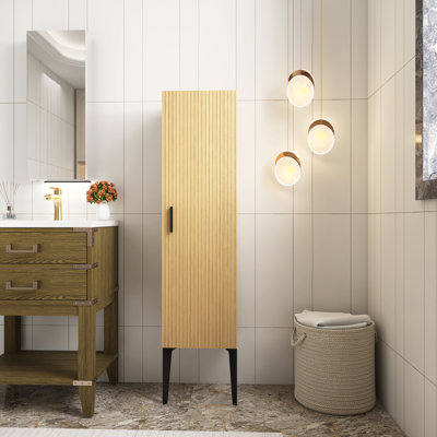 Armoire de salle de bain autoportante de 58 po de hauteur, armoire de rangement rayée en chêne noir antique avec porte et tablettes