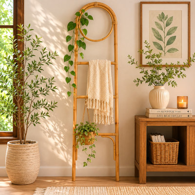 Porte-échelle décoratif Telissa, avec plateau rond, fibre brune naturelle, 72 pouces