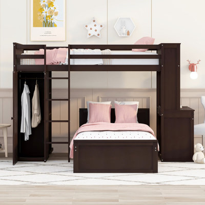 Lit mezzanine simple avec lit autonome, tablettes, bureau et garde-robe