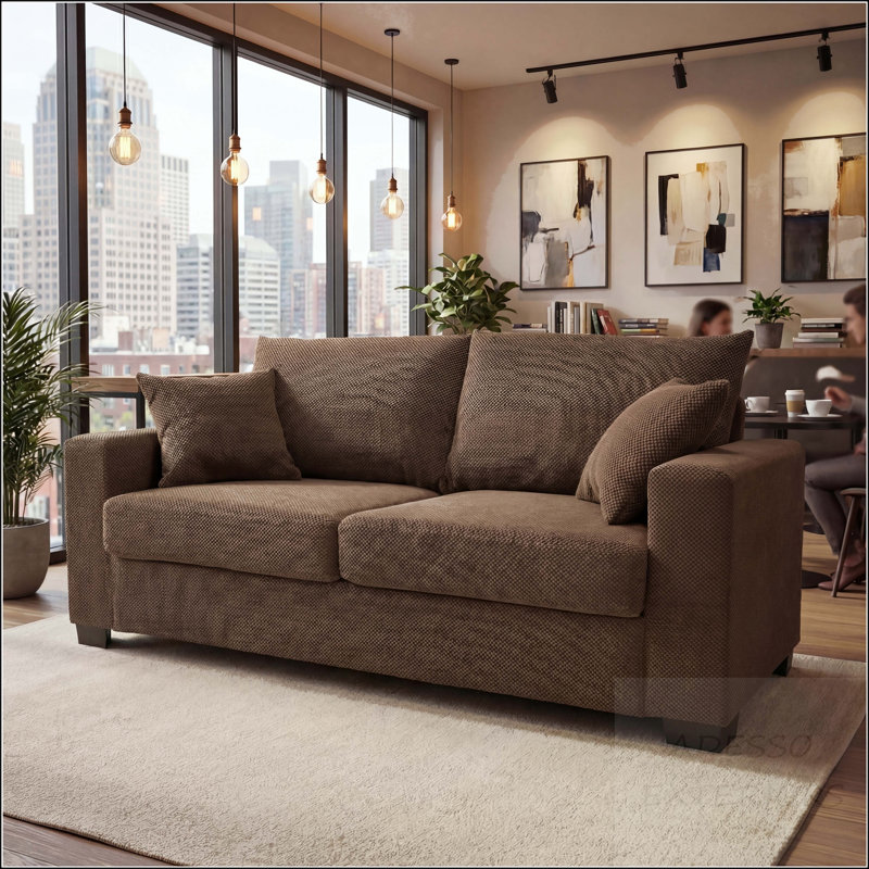 Canapé 69 po à deux places en tissu texturé avec 2 coussins - Pieds en plastique robuste, Fabric Coffee