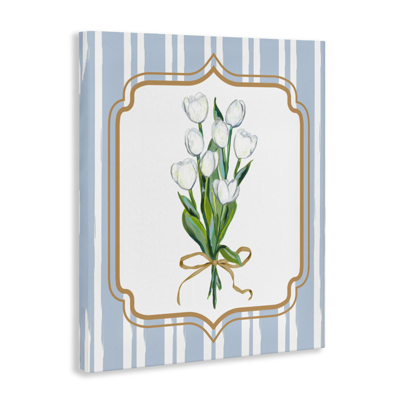 Bouquet de tulipes blanches et toile à rayures, design par Adonna Ebrahimi, H 40 po x l 30 po