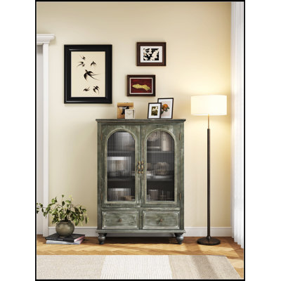 Farmhouse Storage Cabinet with Distressed Wood, 2 Glass Doors, 2 Drawers, and Shelves for Rustic Kitchen and Living Room Decor