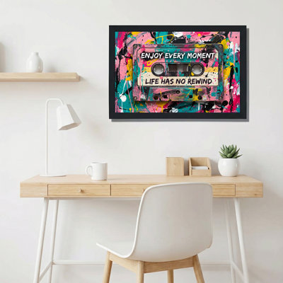 Colorful Cassette Tape With Enjoy Every Moment Quote Abstract Paint Splatter Canvas Wrapped Wall Art For Living Room Bedroom Office Decor