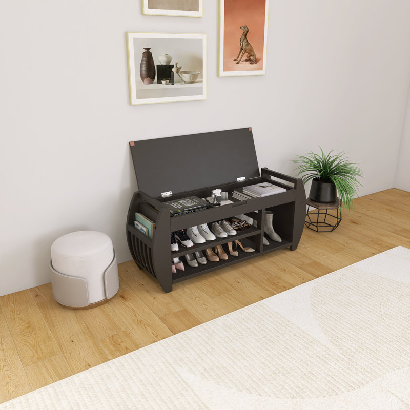 Retro Multifunctional Storage Bench With Cushion And Curved Side Panel, Black