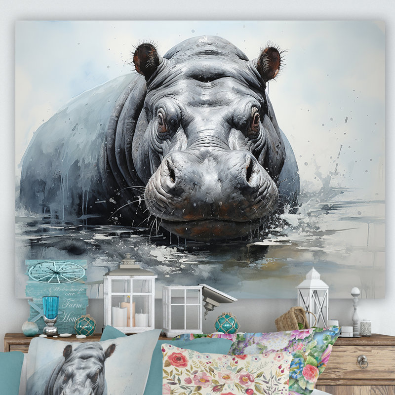 Minimalisme gris hippopotame sur toile, Toile tendue, H 34 po x l 44 po x P 1,5 po