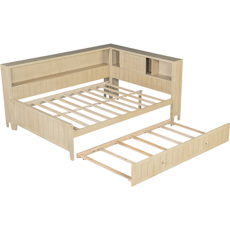 Lit de jour en bois pleine grandeur avec tablettes de rangement et lit gigogne, lait blanc antique
