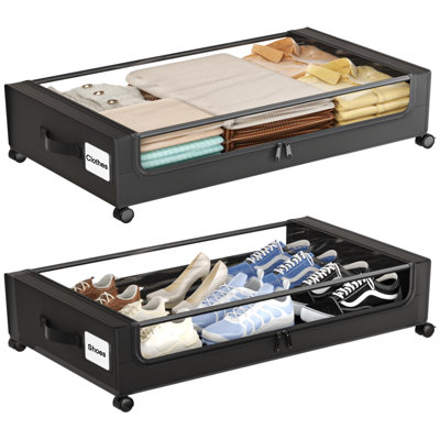 Under Bed Storage With Wheels,60L Under Bed Storage Containers With Clear Lids, Rolling Under Bed Metal Drawer For Clothes, Shoes,Toys, 2 Pack, Black