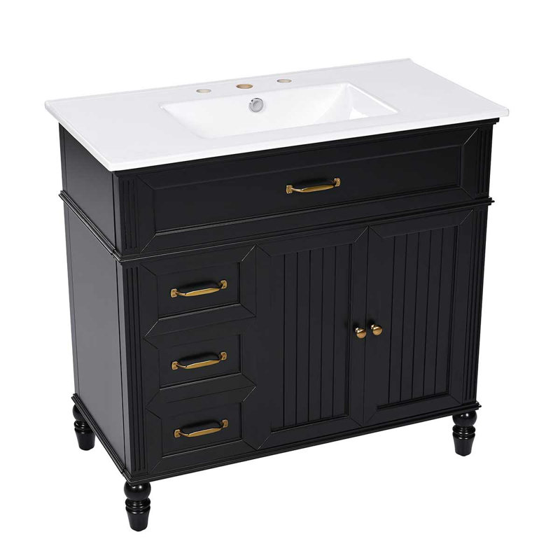 Meuble-lavabo 36 po avec lavabo, armoire de salle de bain noire avec tiroirs, structure solide et panneau de fibres à densité moyenne