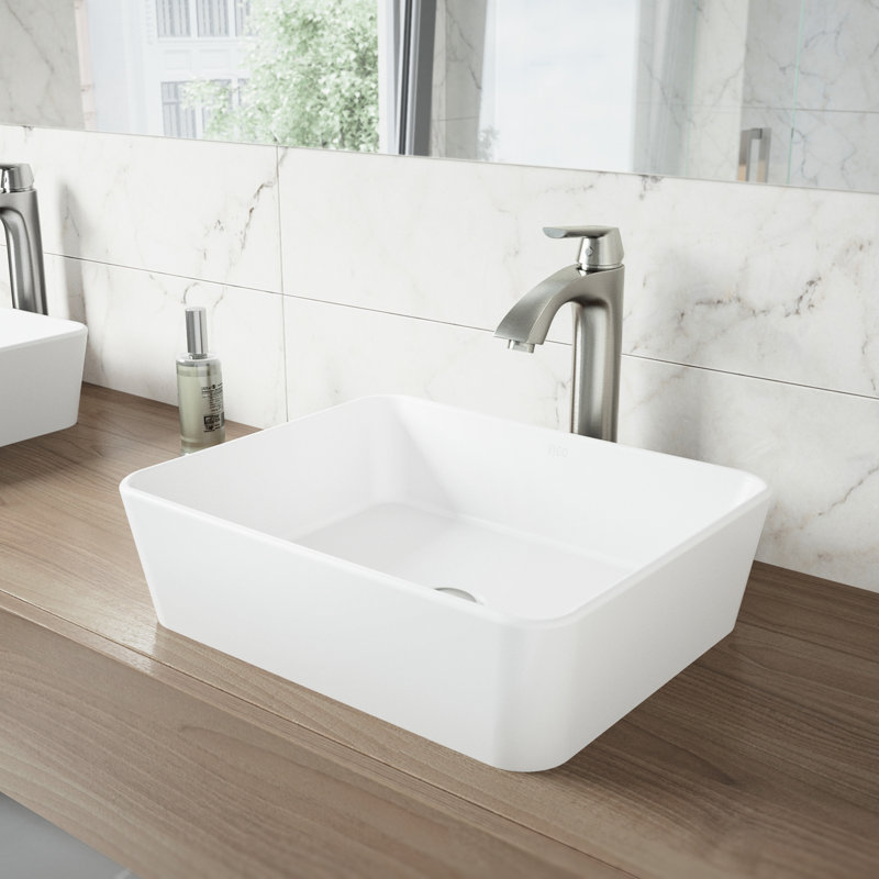 Marigold 18" L x 14" W x 5" H Rectangular White Matte Stone Vessel Bathroom Sink with 12" H Faucet, Brushed Nickel