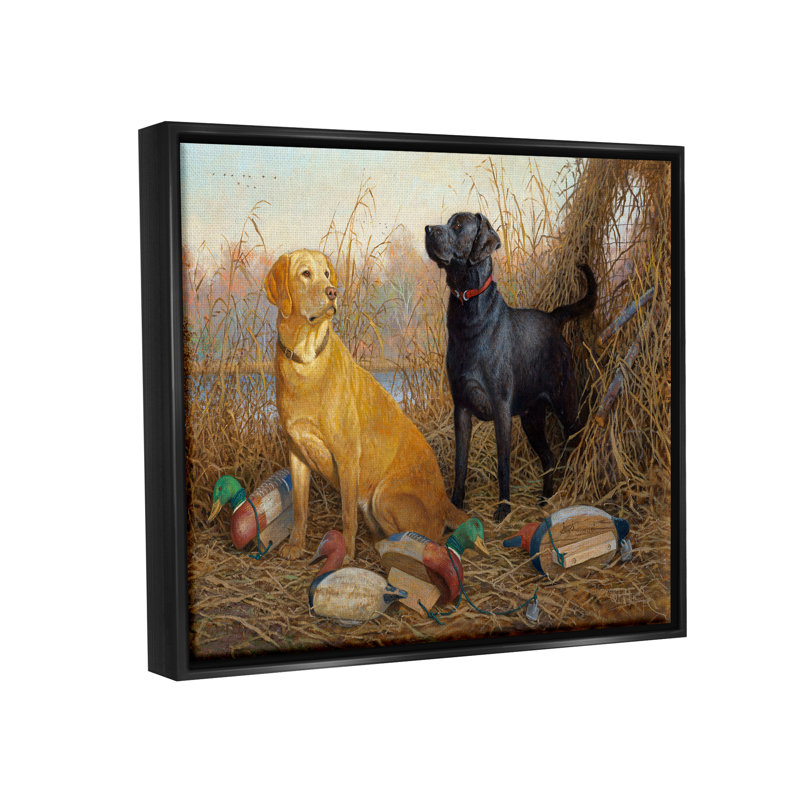 «Hunting Dogs With Decoys», peinture sur toile par Hayden Lambson, Cadre flottant noir de jais, H 25 po x l 31 po x P 1,7 po