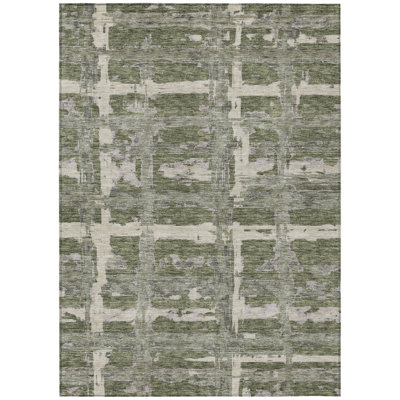 9' X 12' Olive Green Gray And Beige Striped Washable Indoor Outdoor Area Rug