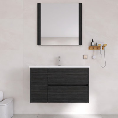 Ensemble de meuble-lavabo mural simple 36 po avec miroir | 2 tiroirs à fermeture en douceur et 1 porte à fermeture en douceur, lavabo en céramique et finition imperméable à 5 couches
