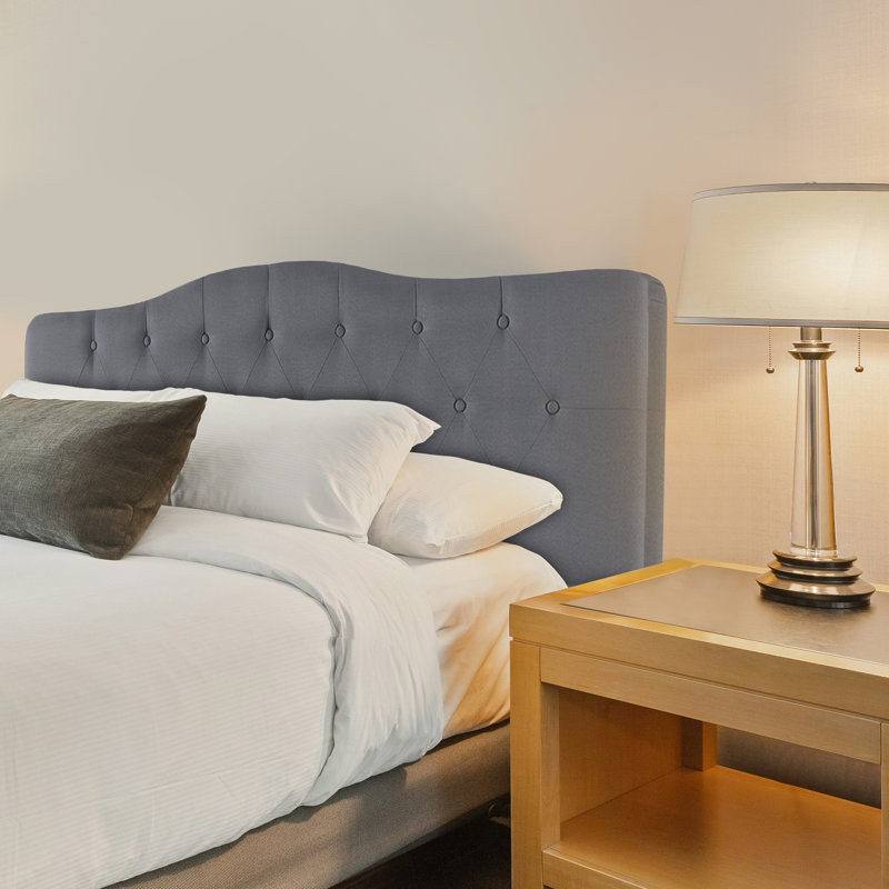 Arched Button Tufted Adjustable Upholstered Queen Headboard in Linen Fabric, Metal Legs, Light Gray