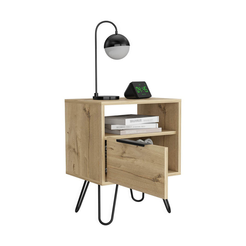 Table de chevet Skyoner, un tiroir, pattes en épingle à cheveux, fini chêne clair, Light Oak