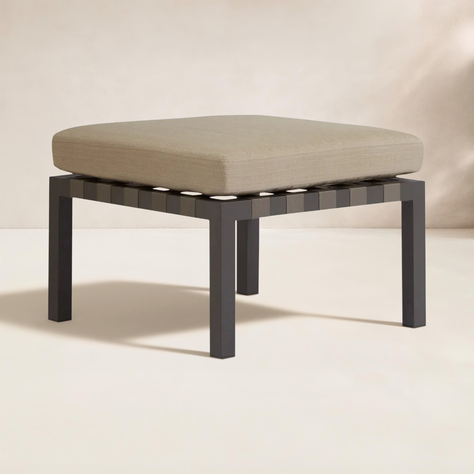 Jibe Upholstered Outdoor Ottoman with Cushion, Carbon Frame/Sunbrella Taupe Cushion