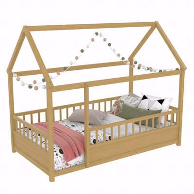 Matériau de la structure de lit en bois avec cadre de toit de maison, garde-corps de clôture