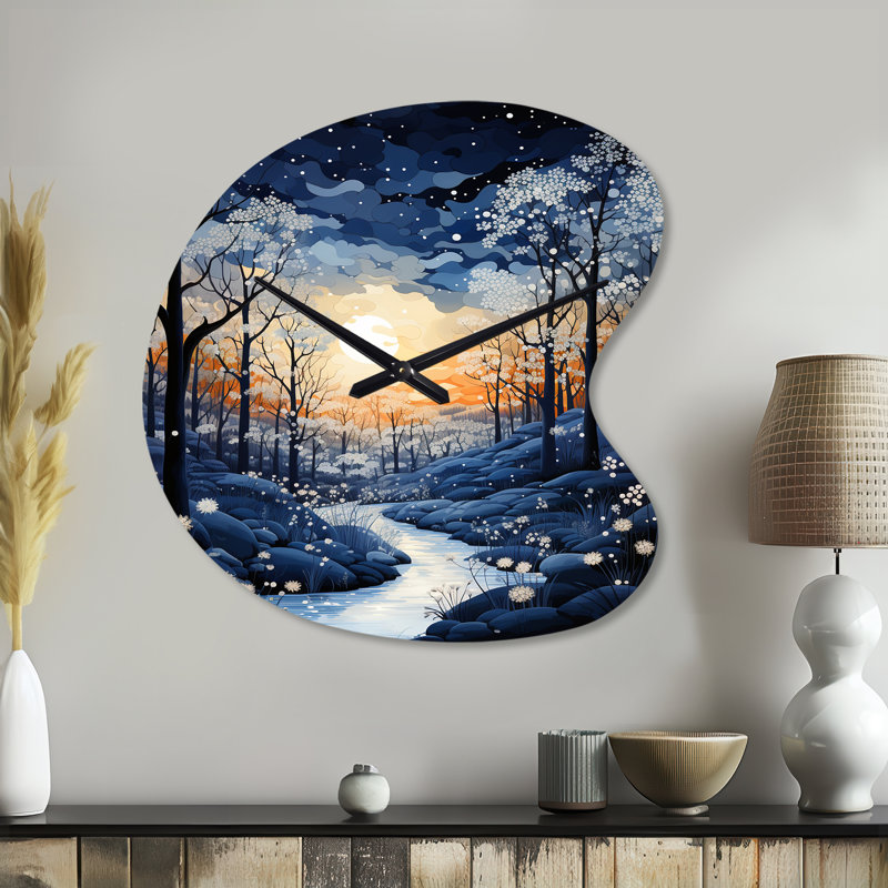 Forest Winter Blue Monochrome - Forest Asymmetrical Metal Wall Clock, Blue Unique Shape Metal Clock Print, Large