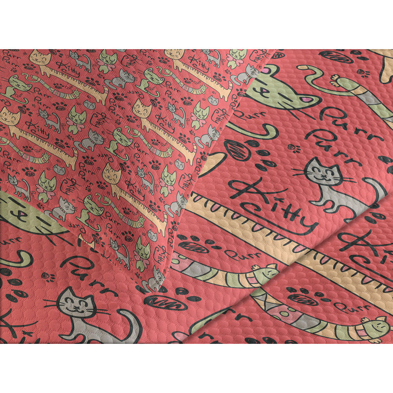 Ambesonne Cat Bedspread Set  Kitty Doodle Paws Bow Tie  Multicolor, King Coverlet / Bedspread + 2 Standard Shams