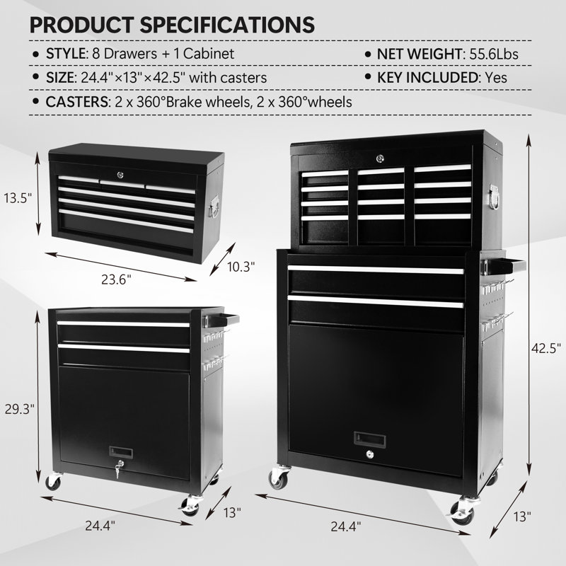8-Drawer Rolling Tool Chest with Wheels, Large Tool Cabinet with Drawers, Black