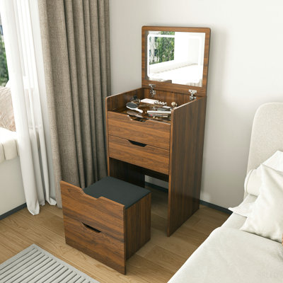 Bureau de coiffeuse 3-en-1 avec miroir éclairé et tabouret, coiffeuse à plateau rabattable, rangement compact pour la chambre à coucher, la salle de bain et le vestiaire