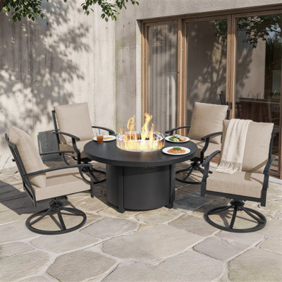5-Piece Outdoor Round Fire Pit Table Set with 48" Aluminum Gas Fire Table (40,000 BTU) and 4 Swivel Glider Iron Chairs with High Backs
