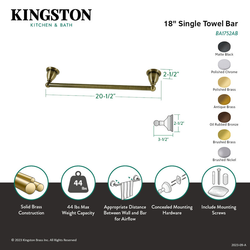 Barre à serviettes 18 pouces Kingston Brass Heritage, Laiton brossé