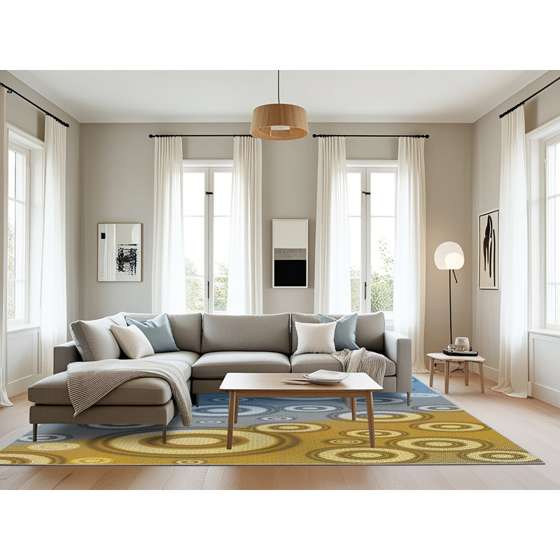 Tapis bleu/jaune tissé à la machine, Rectangle 8 pi x 10 pi