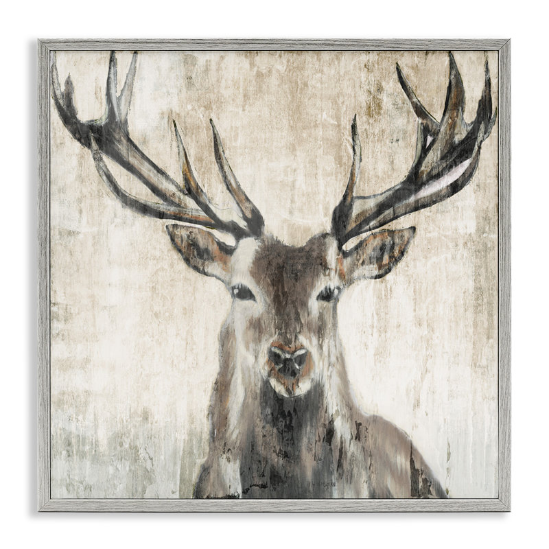 Rustic Gray Framed Deer Elk Wildlife Canvas Print, 17 x 17