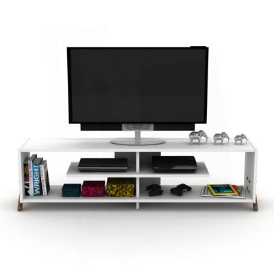 Furnishome Store Mid Century Modern Tv Stand 4 Shelves Open Storage Wood Legs Entertainment Centre 57 Inch Low Tv Unit