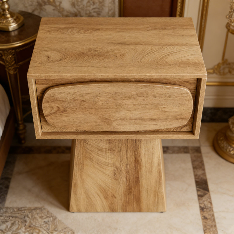 Modern Minimalist MDF Nightstand with Oval Pull Drawer & Tapered Base, for Bedroom Bedside Storage, Light Oak Wood Grain