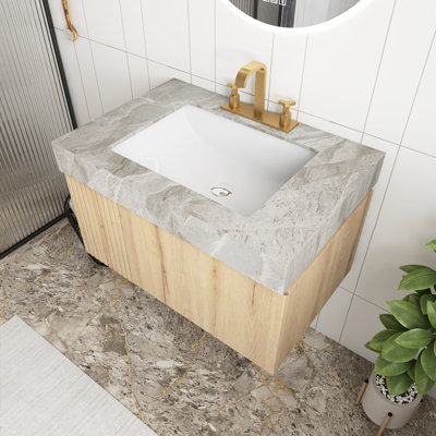 Meuble-lavabo en bois blanc grain de bois de 30 po avec lavabo, comptoir en pierre frittée gris clair et lavabo en céramique avec 3 trous de robinet pré-percés, armoire de rangement en contreplaqué flottant avec tiroir et porte, pré-assemblé