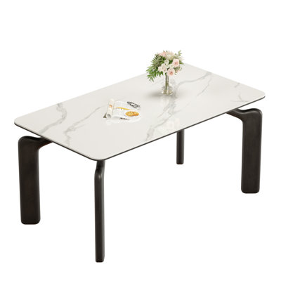 59" Modern White Sintered Stone Dining Table, Rectangular Kitchen Table with Sturdy Black Metal Legs, Seats 4-6 People